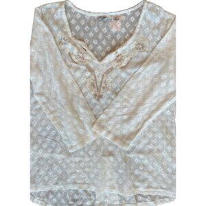 Women's PRANA White 3/4 Sleeve Lace Top Size L Cover Up Tunic Shirt